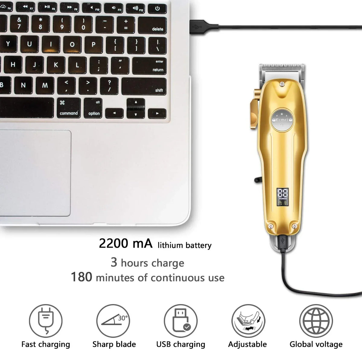 Hair Clipper Set Cordless Rechargeable Ceramic Stainless Steel Blades 3-Piece Grooming Kit