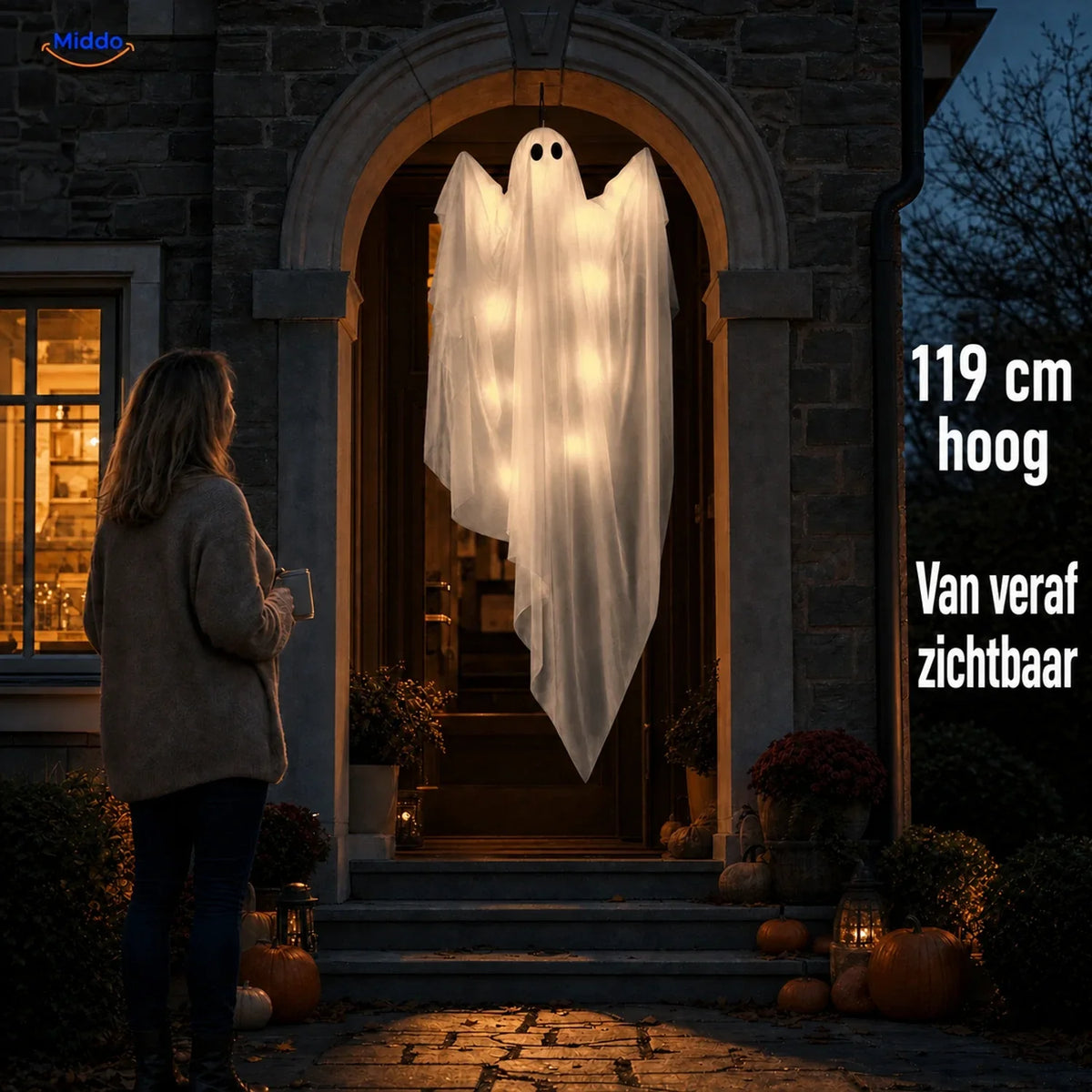 Hanging Ghost Decoration 47-Inch Layered Fabric LED Options