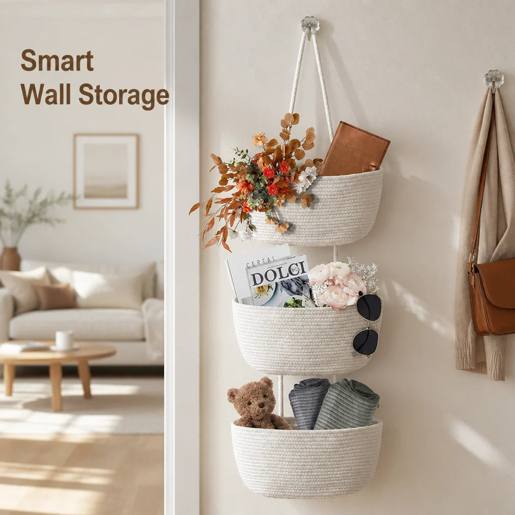 Hanging Storage Basket 3-Tier Braided Cotton No-Drill