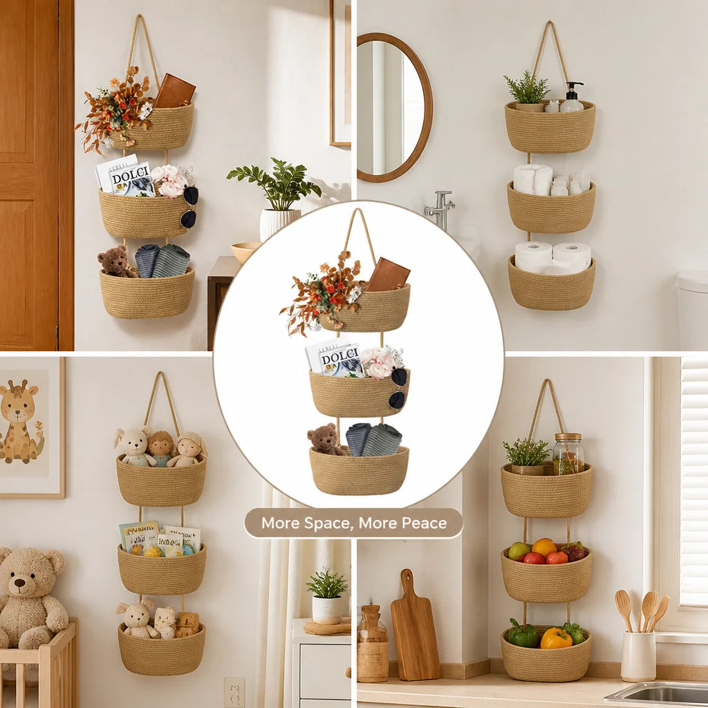 Hanging Storage Basket 3-Tier Braided Cotton No-Drill