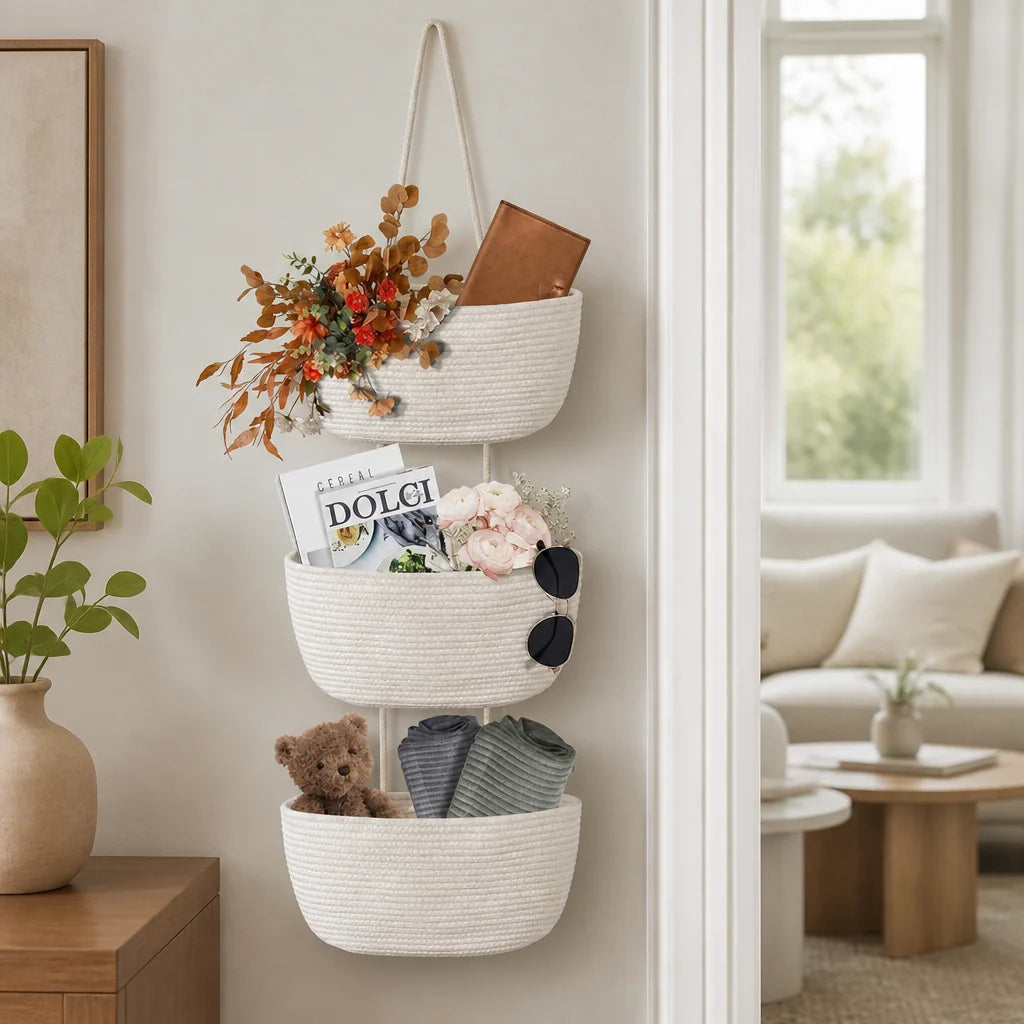 Hanging Storage Basket 3-Tier Braided Cotton No-Drill
