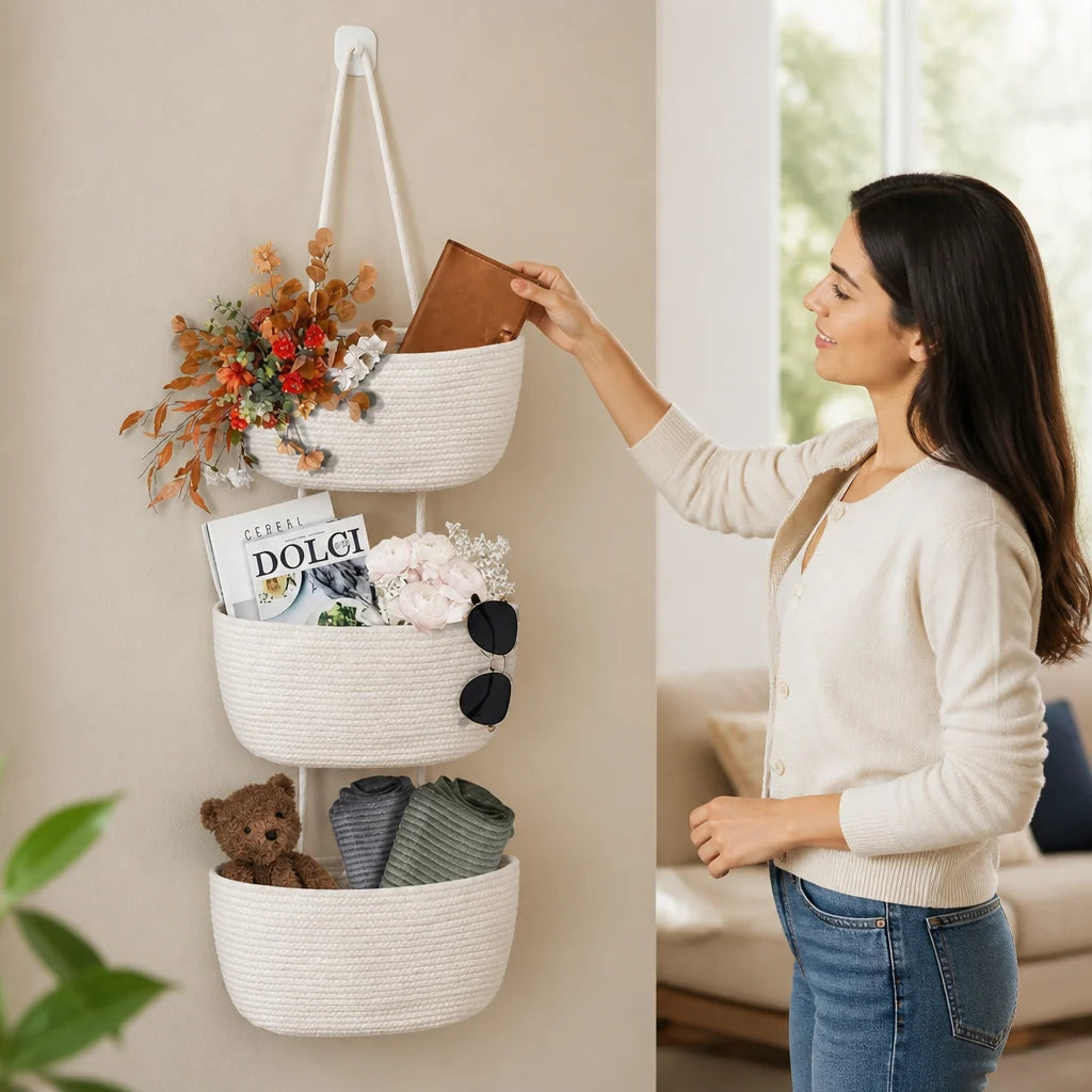 Hanging Storage Basket 3-Tier Braided Cotton No-Drill