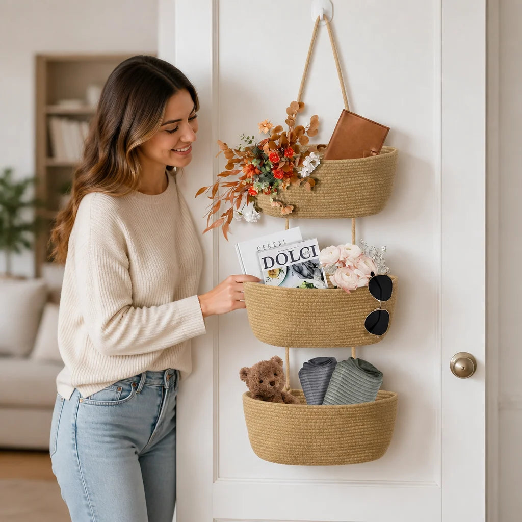 Hanging Storage Basket 3-Tier Braided Cotton No-Drill