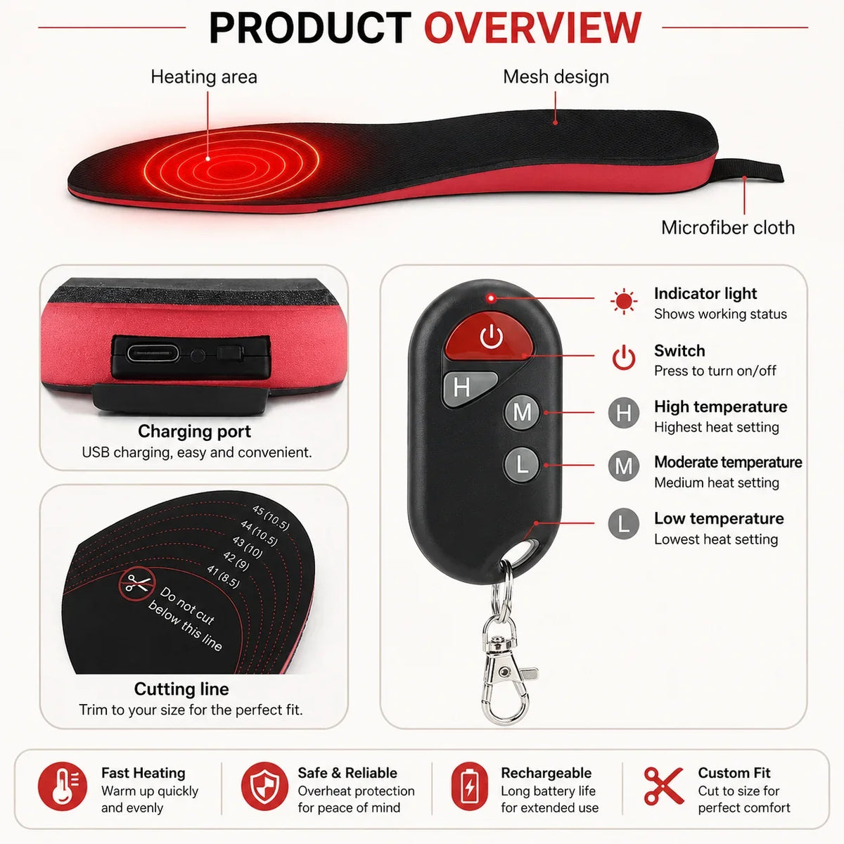 Heated Insoles Rechargeable Wireless Remote Multiple Heat Settings
