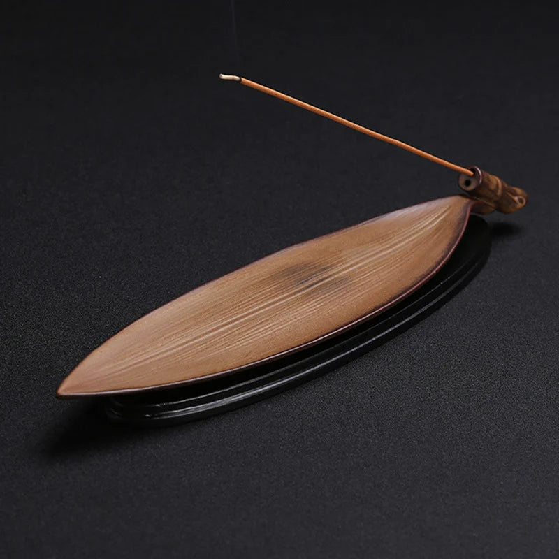 Incense Stick Holder Wooden Bamboo Leaf Design 10 x 3 Inches