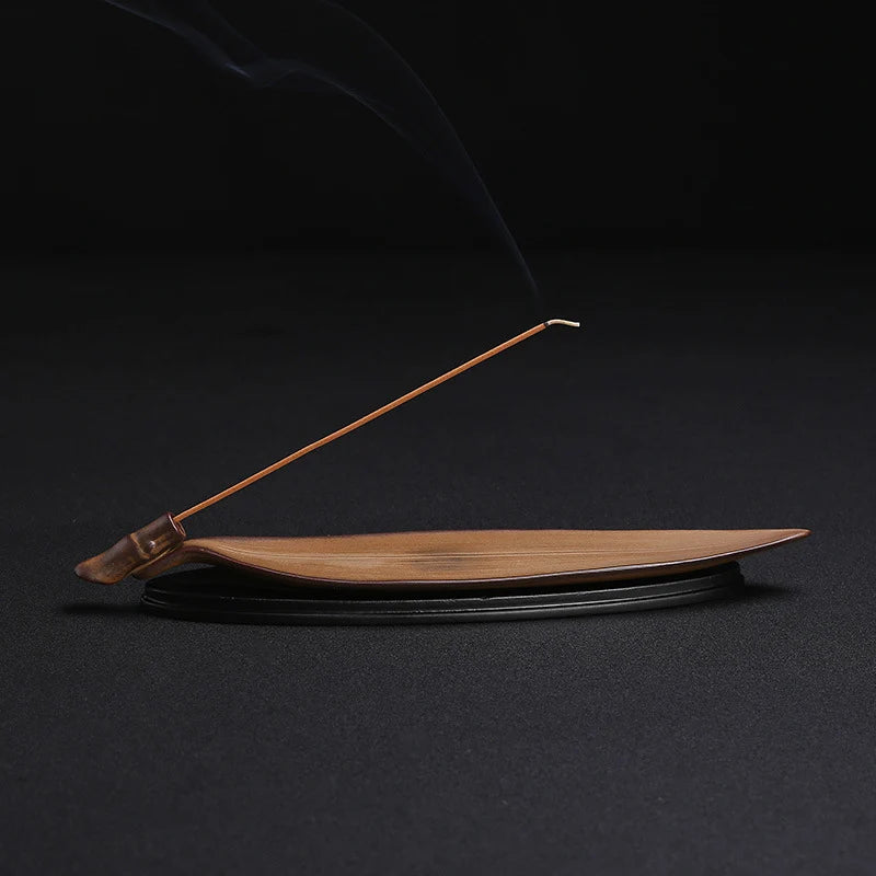 Incense Stick Holder Wooden Bamboo Leaf Design 10 x 3 Inches