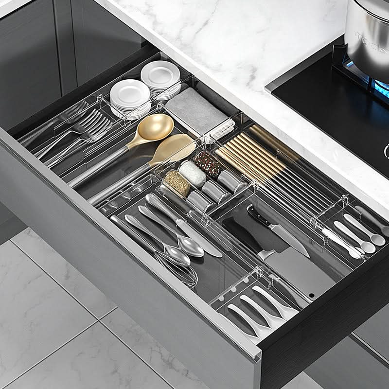 Kitchen Drawer Organizer Adjustable Compartments Wipe-Clean Plastic