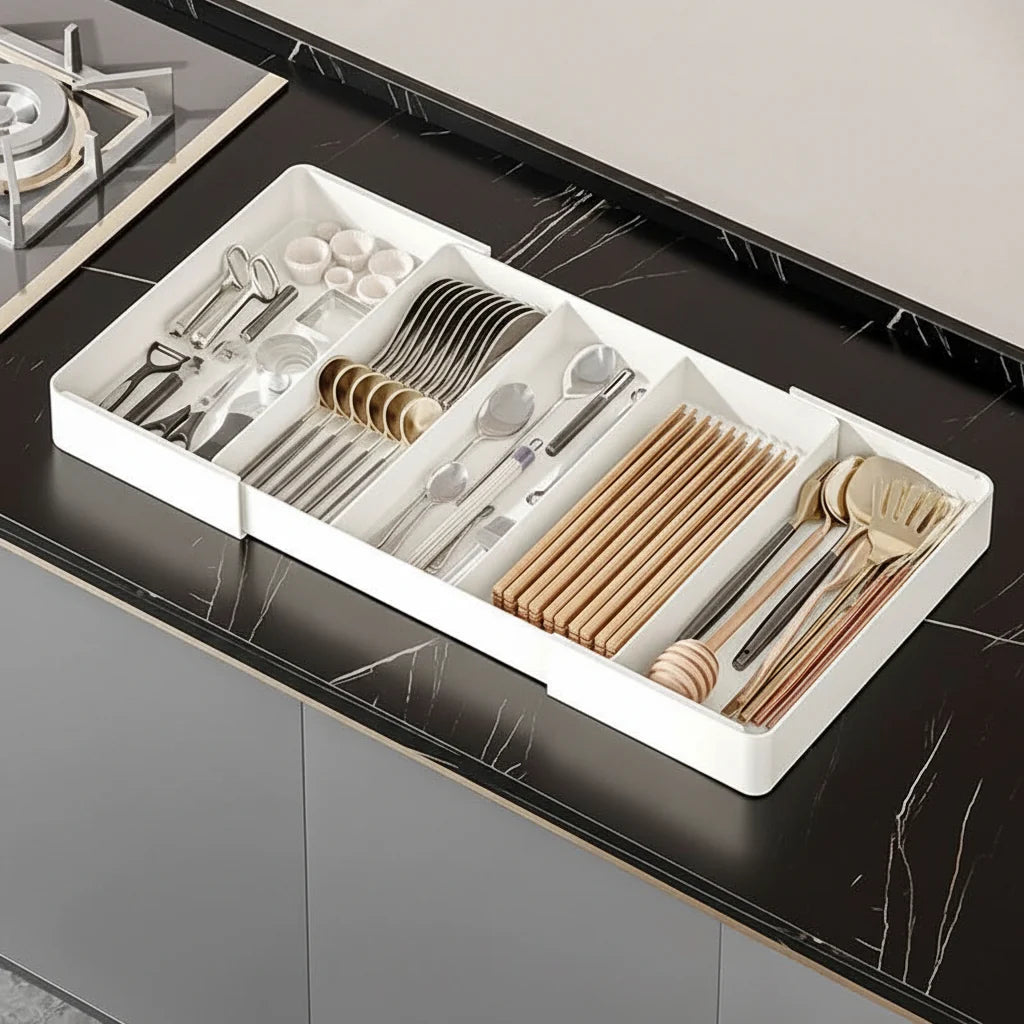 Kitchen Drawer Organizer Adjustable Compartments Wipe-Clean Plastic
