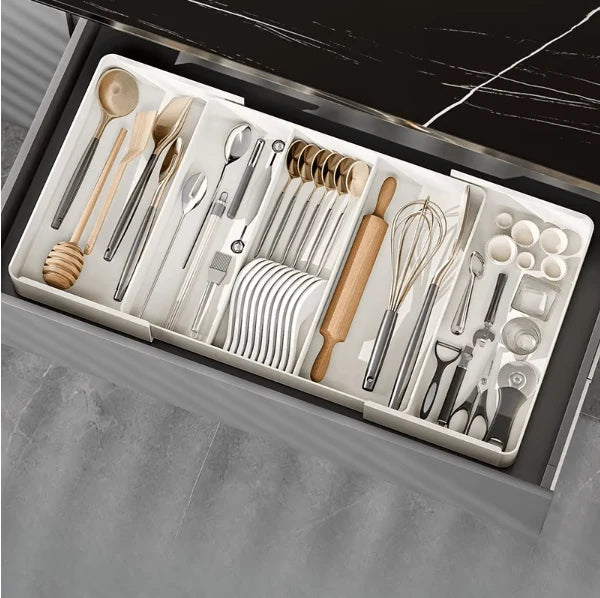 Kitchen Drawer Organizer Adjustable Compartments Wipe-Clean Plastic