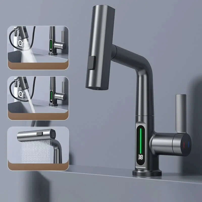 Kitchen Faucet Pull-Out Sprayer 360° Swivel LED Temperature Display
