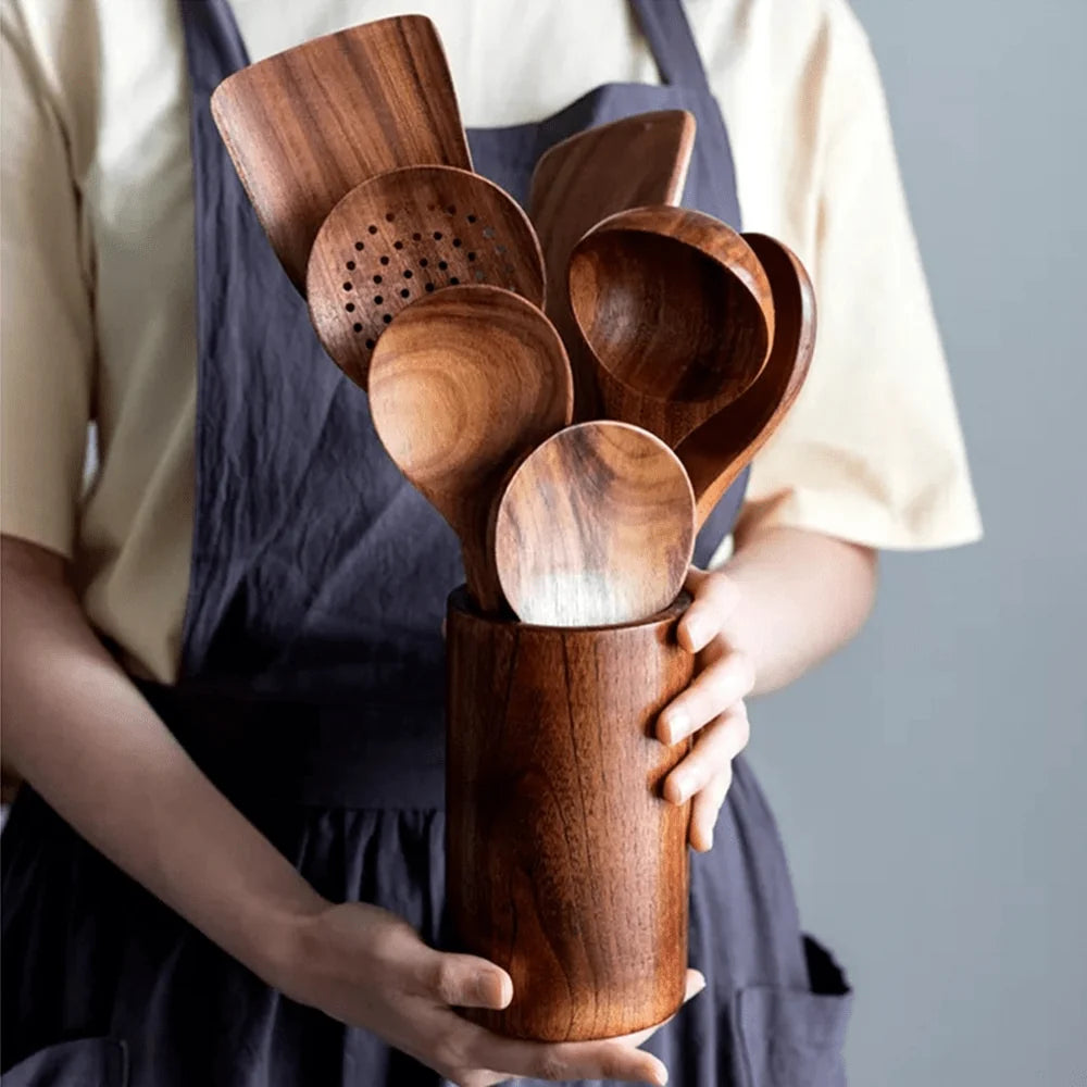 Kitchen Utensil Set Teak Wood Heat-Resistant Set of 10