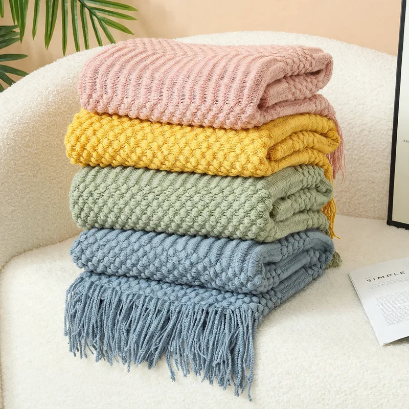 Knitted Throw Blanket Acrylic Nordic Style Fringe Trim