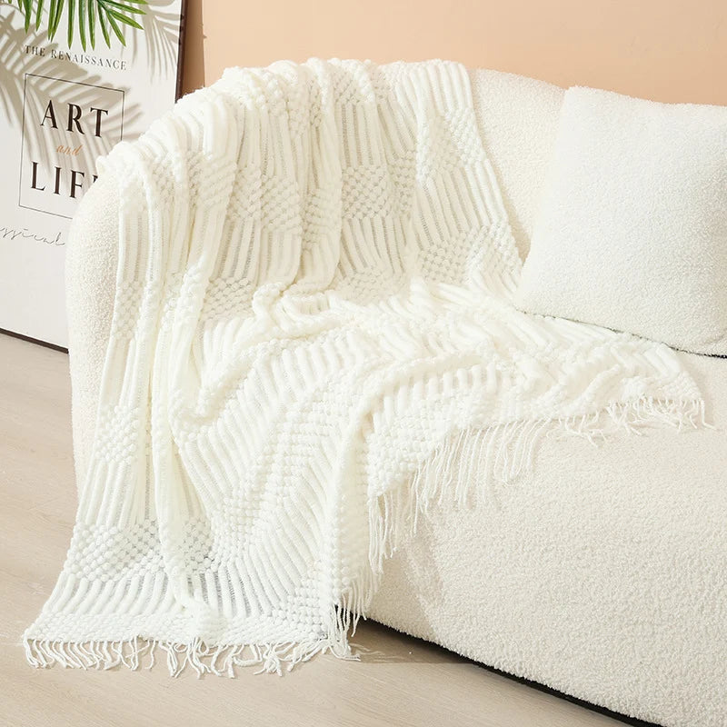Knitted Throw Blanket Acrylic Nordic Style Fringe Trim