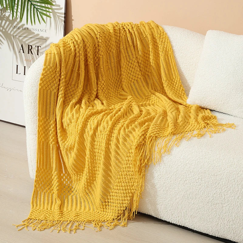 Knitted Throw Blanket Acrylic Nordic Style Fringe Trim