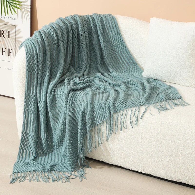 Knitted Throw Blanket Acrylic Nordic Style Fringe Trim