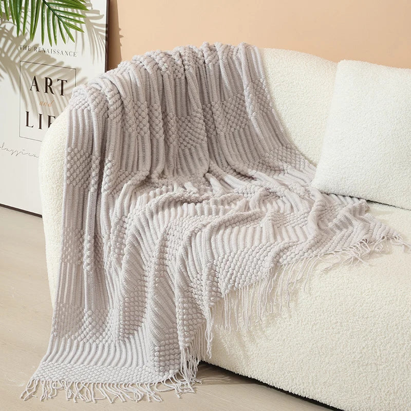 Knitted Throw Blanket Acrylic Nordic Style Fringe Trim
