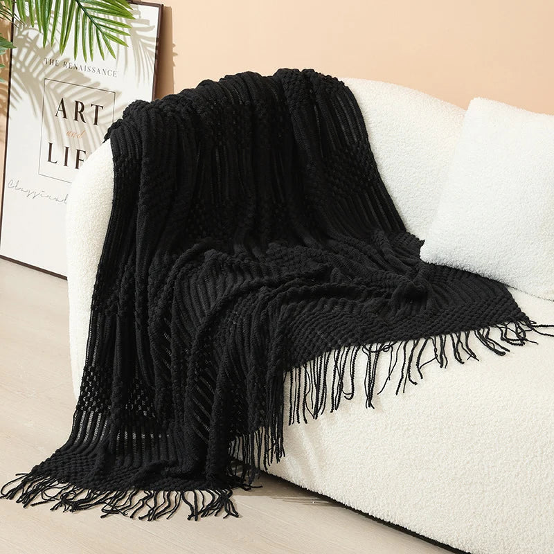 Knitted Throw Blanket Acrylic Nordic Style Fringe Trim
