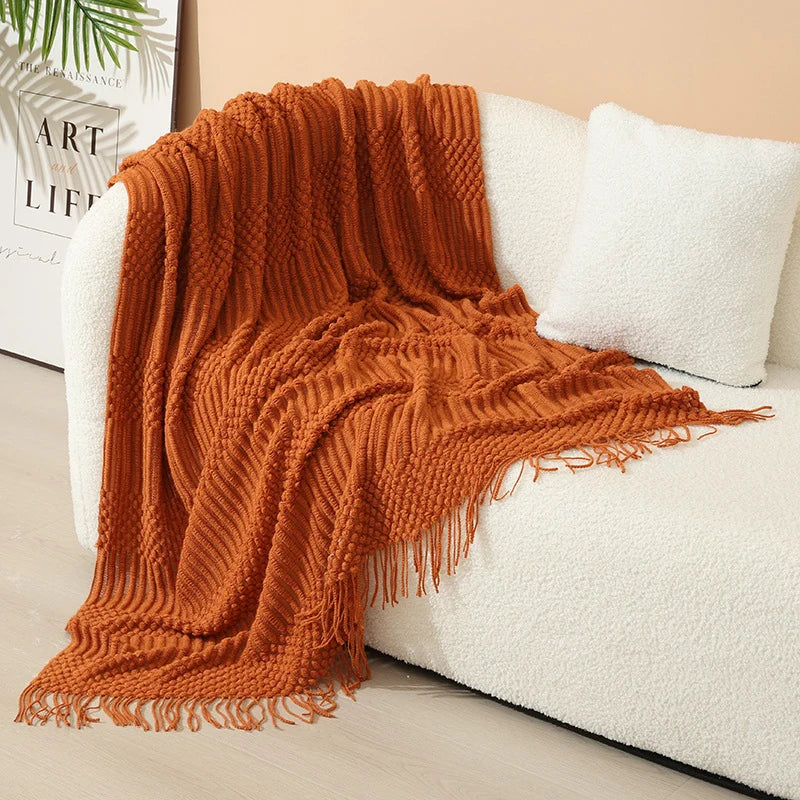 Knitted Throw Blanket Acrylic Nordic Style Fringe Trim