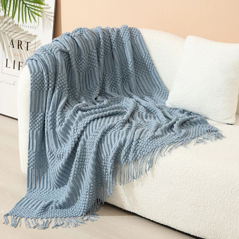 Knitted Throw Blanket Acrylic Nordic Style Fringe Trim