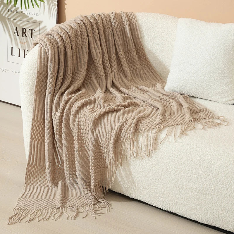 Knitted Throw Blanket Acrylic Nordic Style Fringe Trim