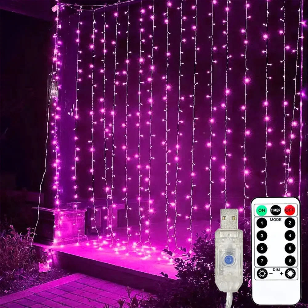 LED Curtain Lights USB Type-C 8 Lighting Modes Remote Control