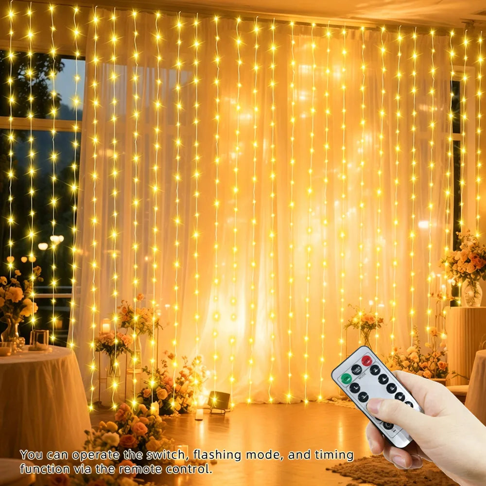 LED Curtain Lights USB Type-C 8 Lighting Modes Remote Control