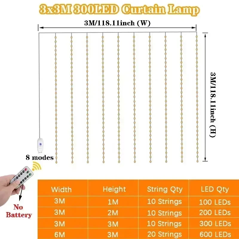 LED Curtain Lights USB Type-C 8 Lighting Modes Remote Control