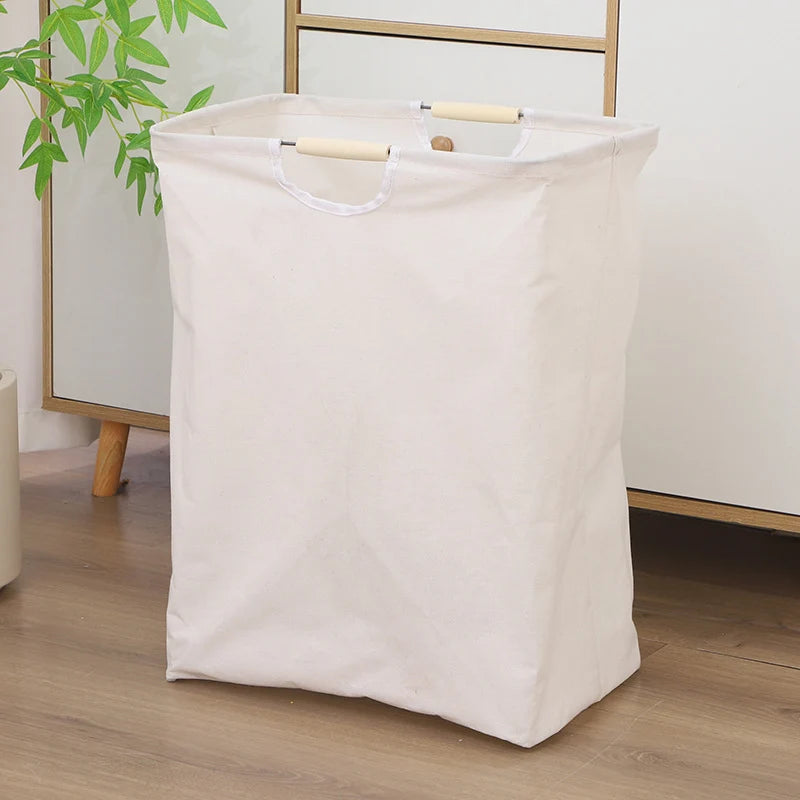 Laundry Basket Foldable Cotton-Linen Wooden Handles