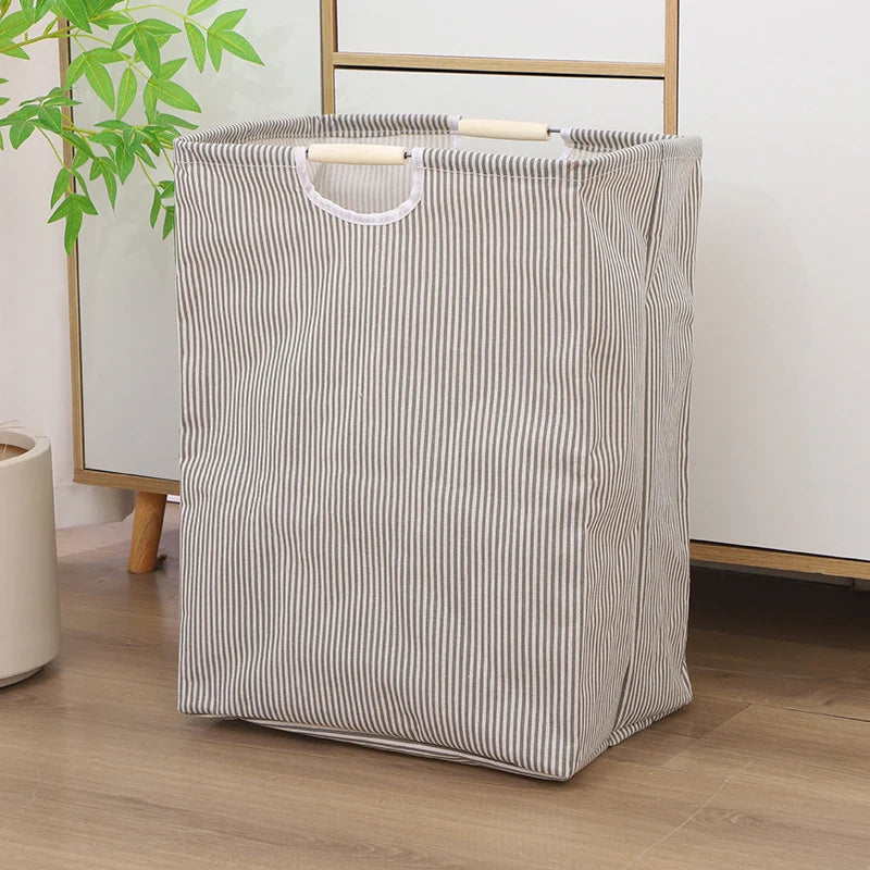 Laundry Basket Foldable Cotton-Linen Wooden Handles