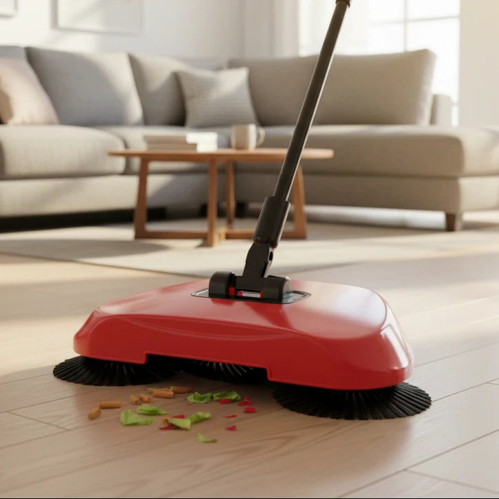 Manual Floor Sweeper Cordless Quiet 360° Rotating Brushes