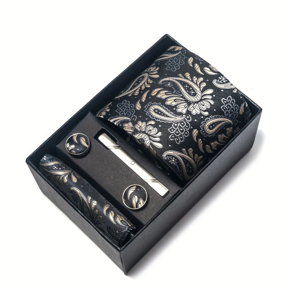 Men’s Tie Set Paisley Pattern with Pocket Square, Tie Clip & Cufflinks