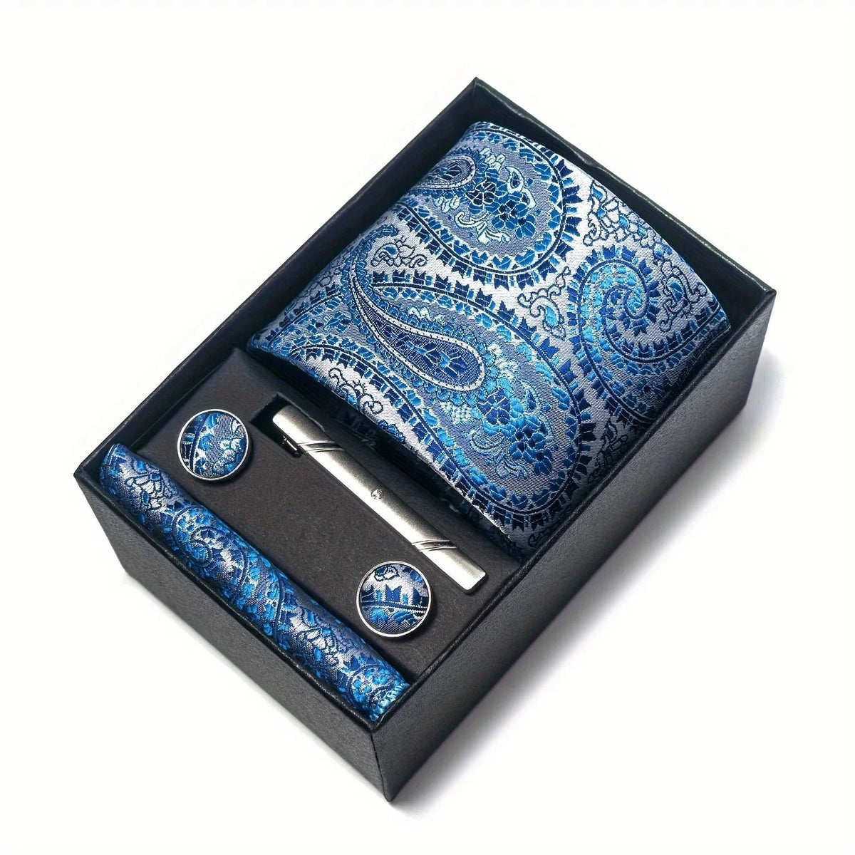 Men’s Tie Set Paisley Pattern with Pocket Square, Tie Clip & Cufflinks