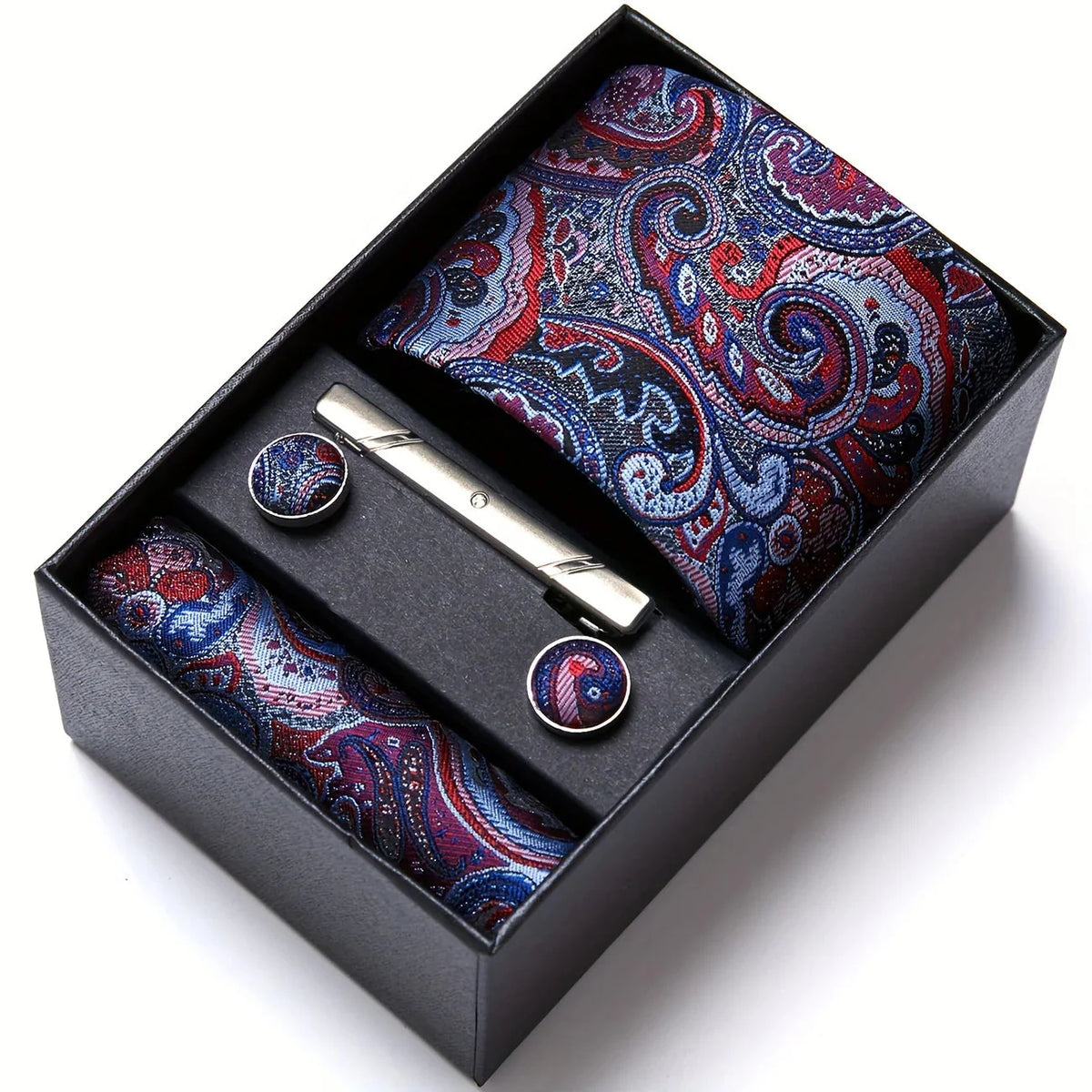 Men’s Tie Set Paisley Pattern with Pocket Square, Tie Clip & Cufflinks