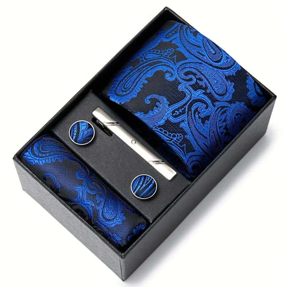 Men’s Tie Set Paisley Pattern with Pocket Square, Tie Clip & Cufflinks