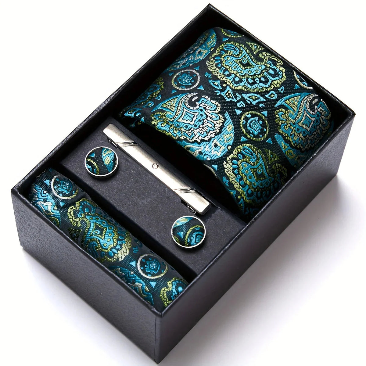 Men’s Tie Set Paisley Pattern with Pocket Square, Tie Clip & Cufflinks