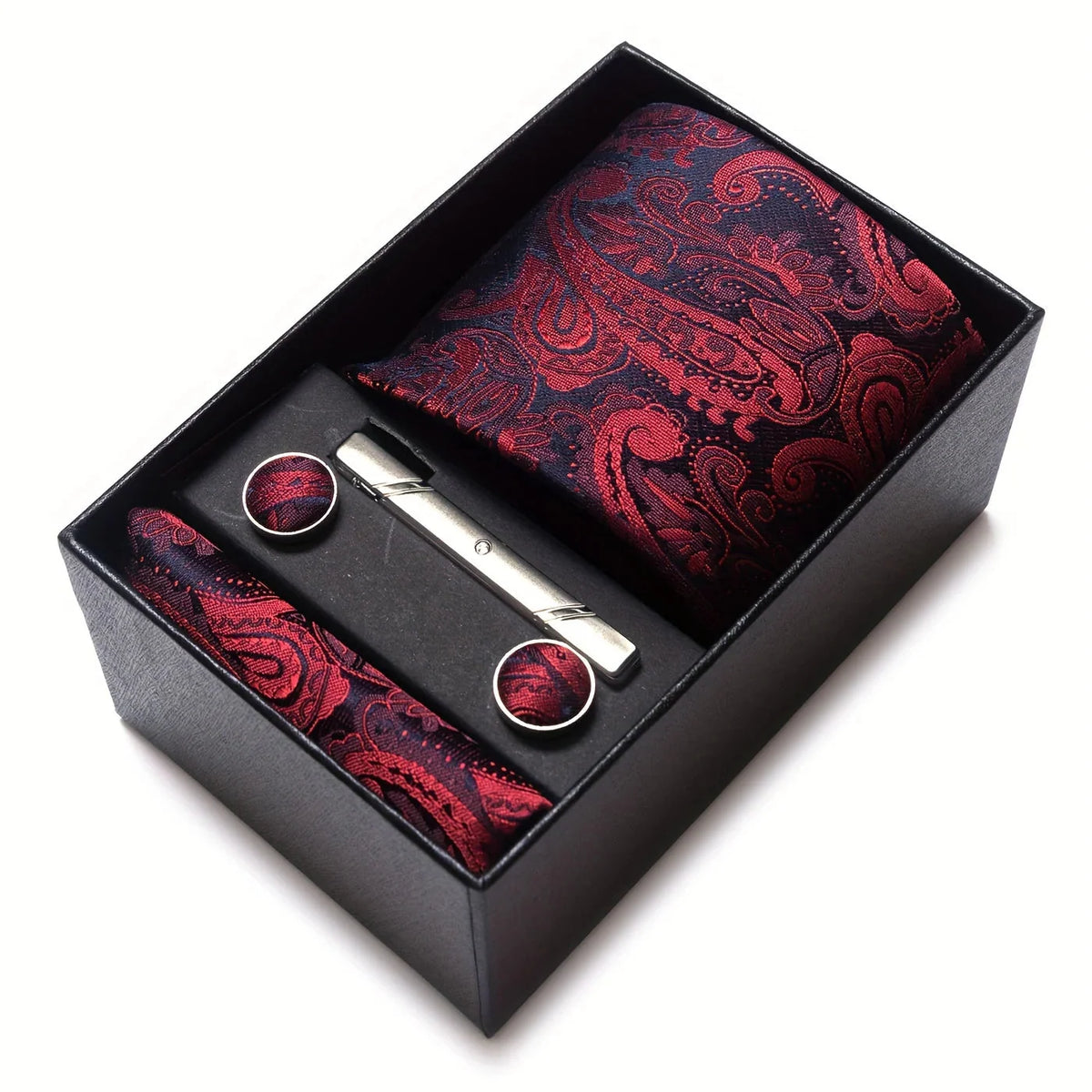 Men’s Tie Set Paisley Pattern with Pocket Square, Tie Clip & Cufflinks