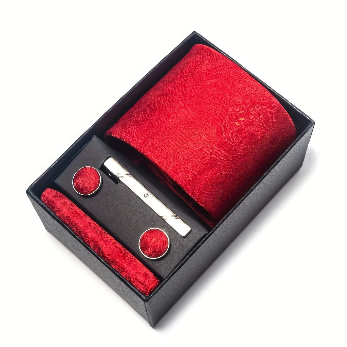 Men’s Tie Set Paisley Pattern with Pocket Square, Tie Clip & Cufflinks
