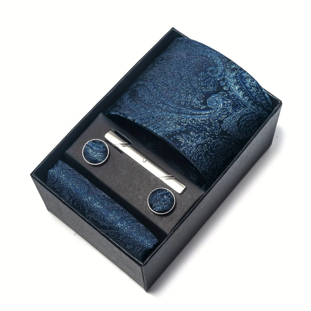 Men’s Tie Set Paisley Pattern with Pocket Square, Tie Clip & Cufflinks