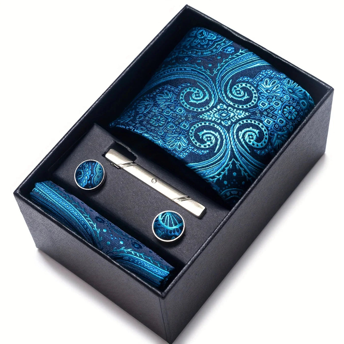 Men’s Tie Set Paisley Pattern with Pocket Square, Tie Clip & Cufflinks