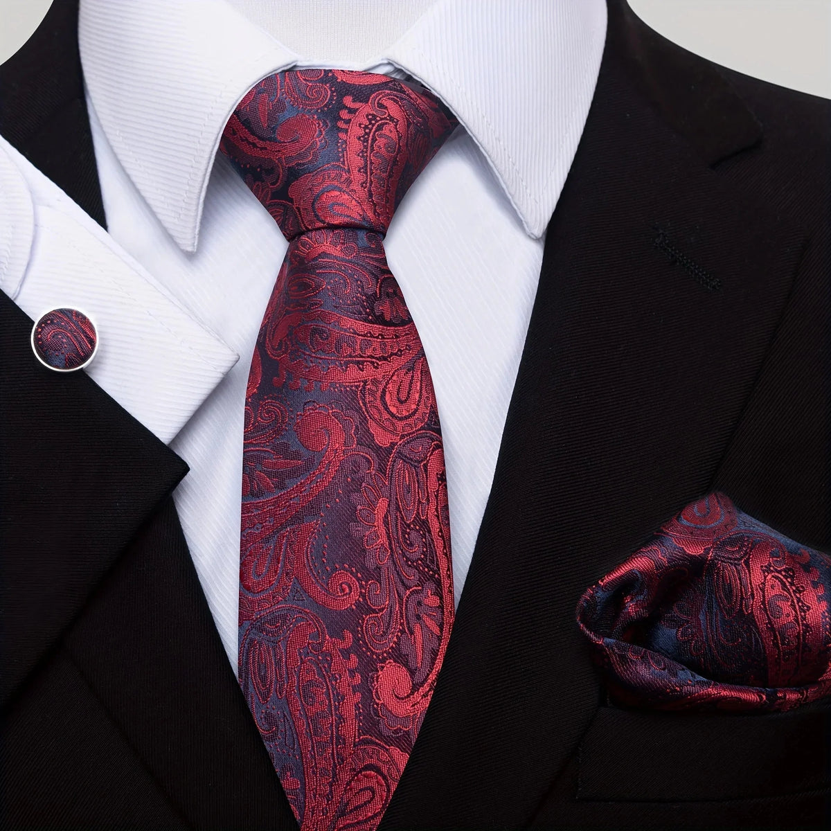 Men’s Tie Set Paisley Pattern with Pocket Square, Tie Clip & Cufflinks