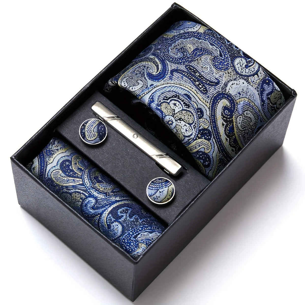 Men’s Tie Set Paisley Pattern with Pocket Square, Tie Clip & Cufflinks