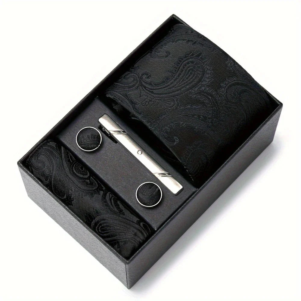 Men’s Tie Set Paisley Pattern with Pocket Square, Tie Clip & Cufflinks