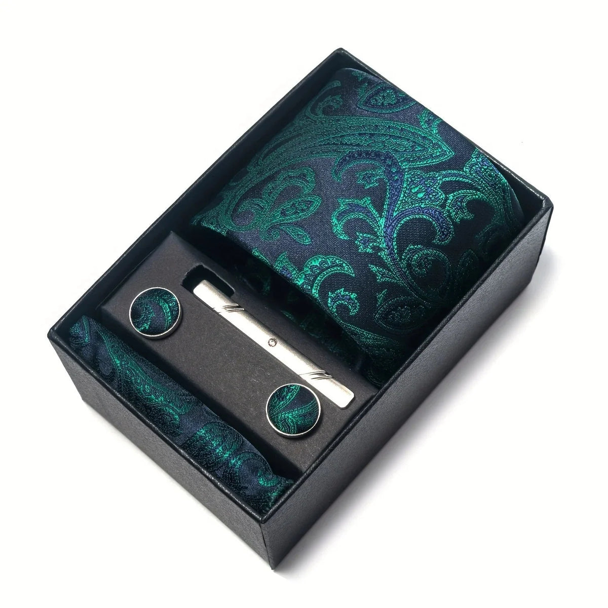 Men’s Tie Set Paisley Pattern with Pocket Square, Tie Clip & Cufflinks