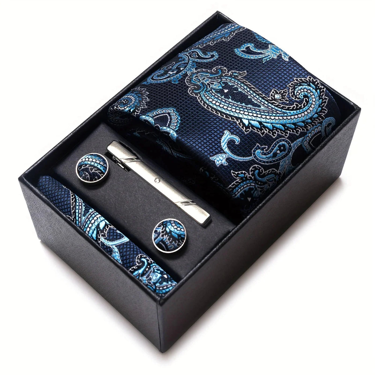Men’s Tie Set Paisley Pattern with Pocket Square, Tie Clip & Cufflinks