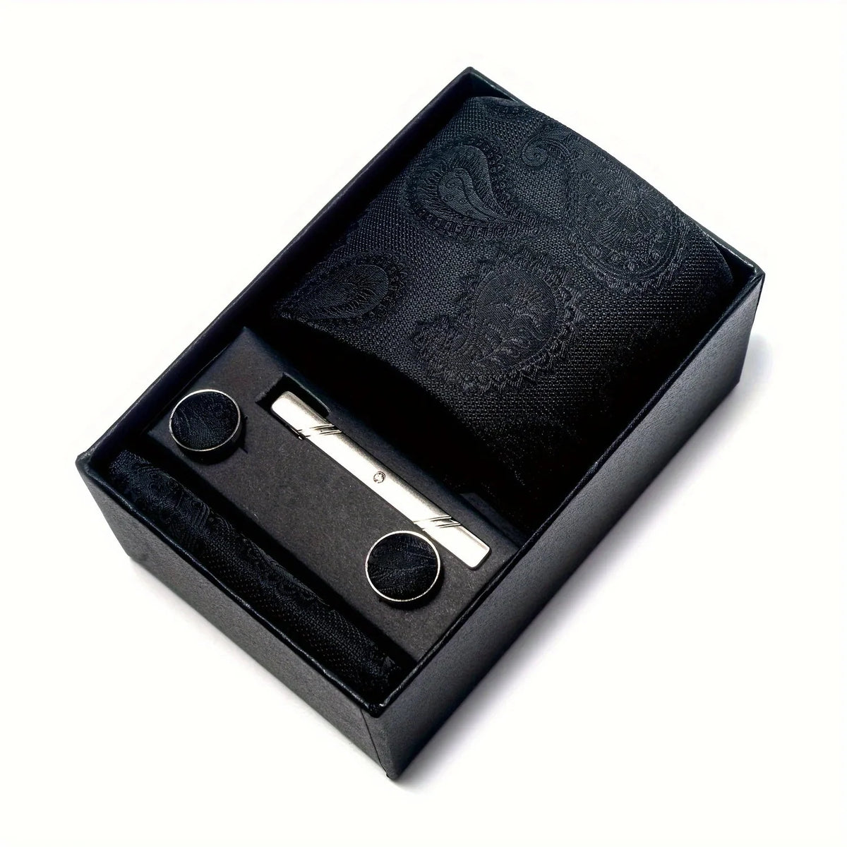 Men’s Tie Set Paisley Pattern with Pocket Square, Tie Clip & Cufflinks
