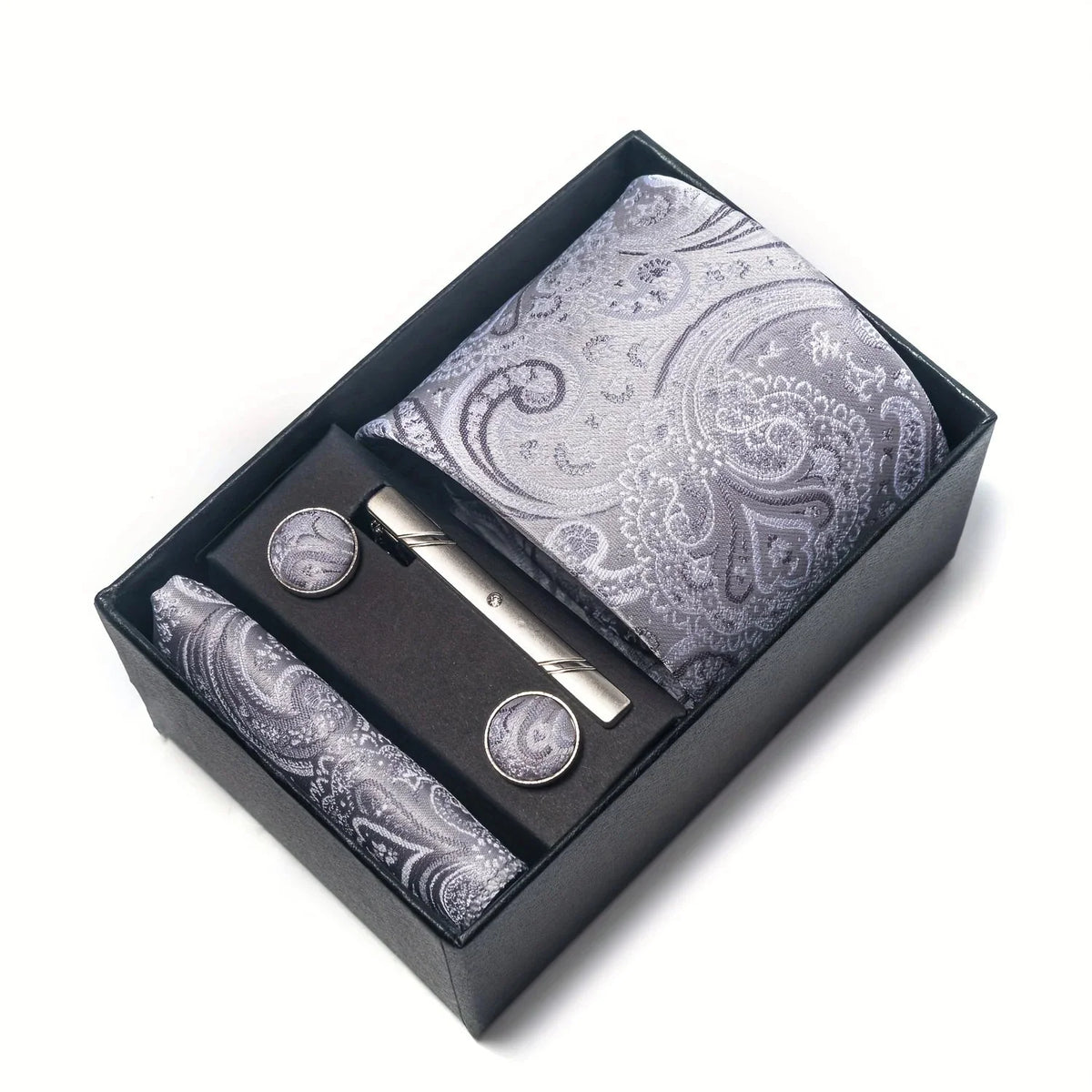 Men’s Tie Set Paisley Pattern with Pocket Square, Tie Clip & Cufflinks