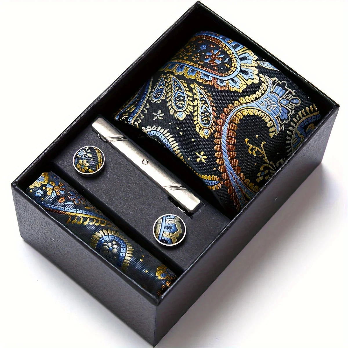 Men’s Tie Set Paisley Pattern with Pocket Square, Tie Clip & Cufflinks