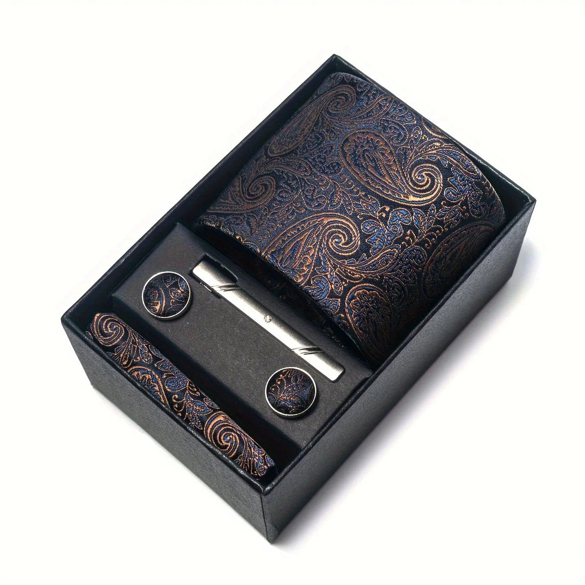 Men’s Tie Set Paisley Pattern with Pocket Square, Tie Clip & Cufflinks