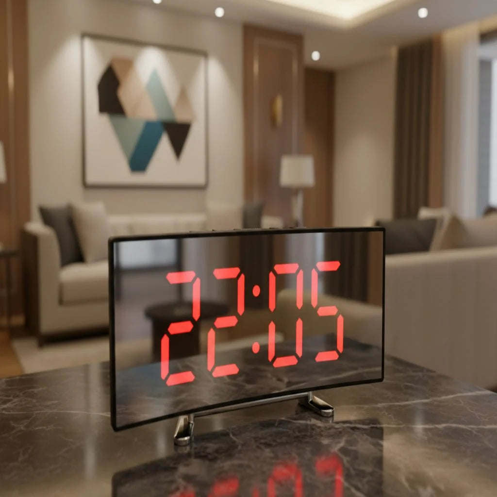 Mirror Alarm Clock Curved Design Silent LED Display