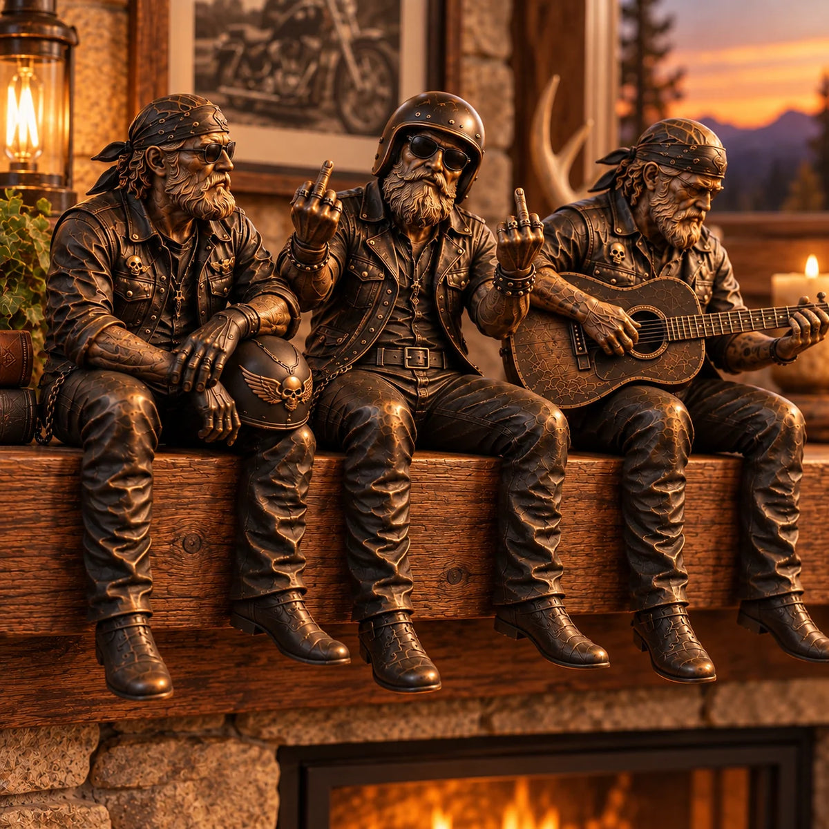 Motorcycle Rider Figurine Rustic Shelf Decor Set of 5